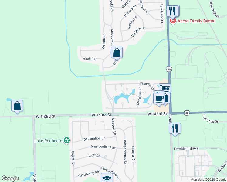 map of restaurants, bars, coffee shops, grocery stores, and more near 24815 Thornberry Drive in Plainfield