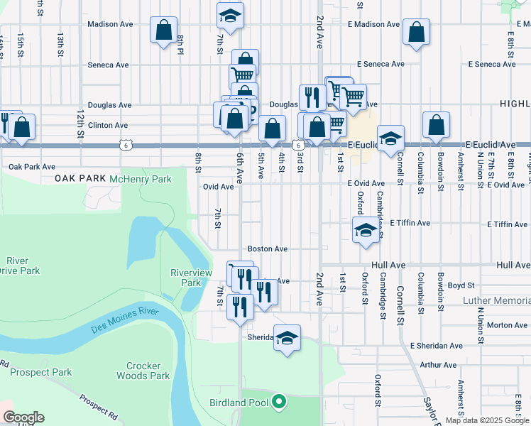 map of restaurants, bars, coffee shops, grocery stores, and more near 3211 5th Avenue in Des Moines