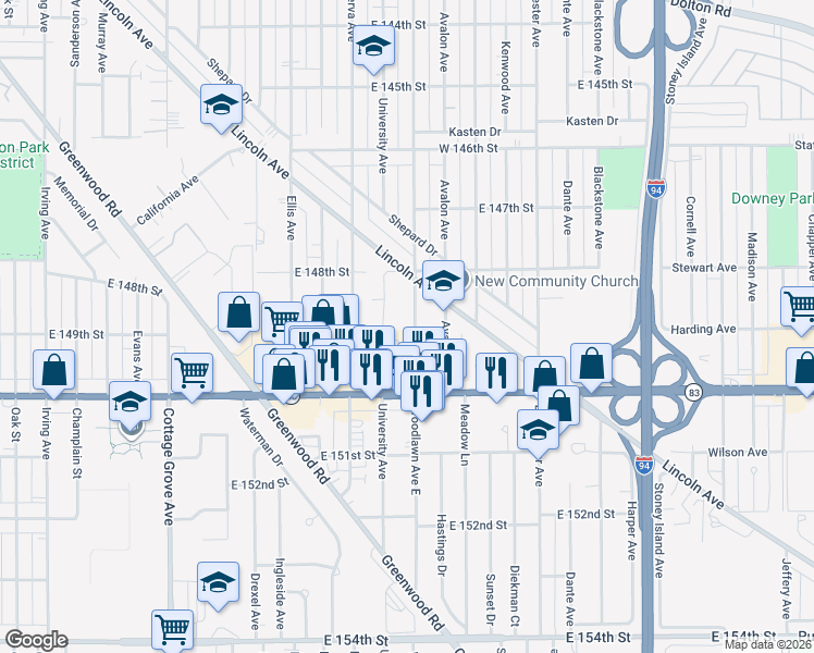 map of restaurants, bars, coffee shops, grocery stores, and more near 14837 Woodlawn Avenue in Dolton