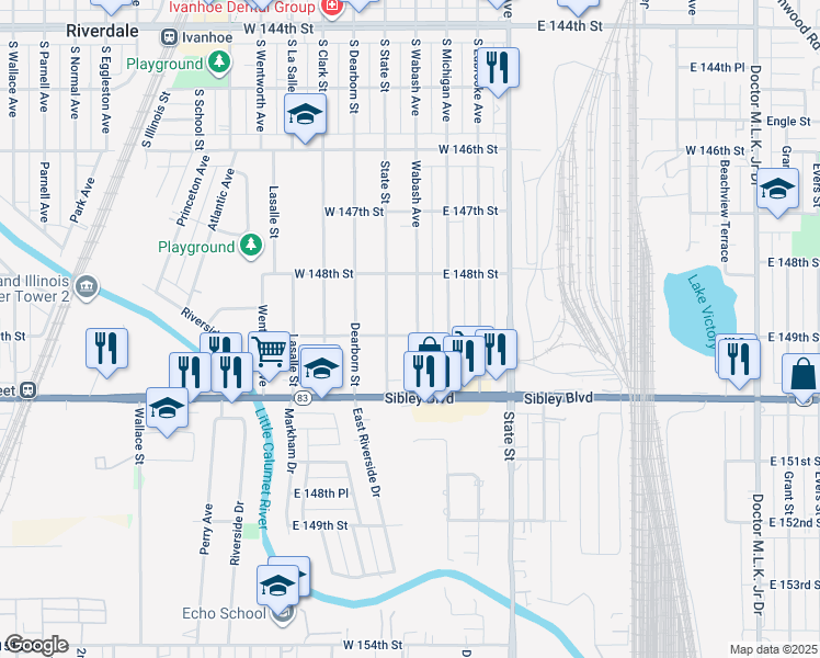 map of restaurants, bars, coffee shops, grocery stores, and more near 14834 Wabash Avenue in Dolton