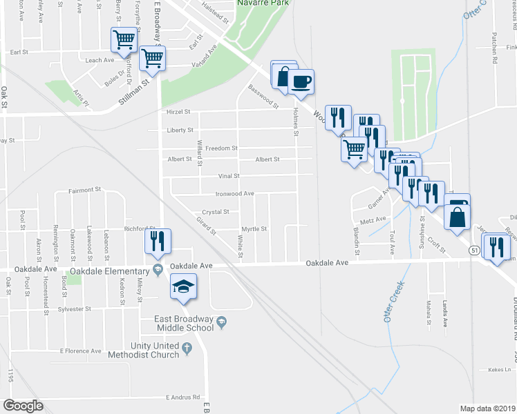 map of restaurants, bars, coffee shops, grocery stores, and more near 1409 Carlyle Street in Toledo