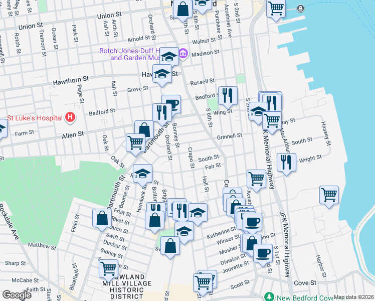 map of restaurants, bars, coffee shops, grocery stores, and more near 164 Grinnell Street in New Bedford