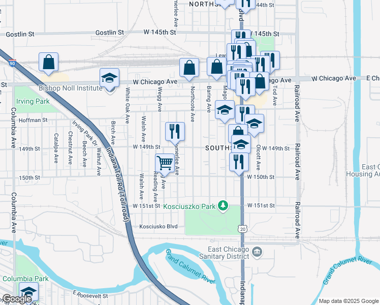 map of restaurants, bars, coffee shops, grocery stores, and more near 4908 Northcote Avenue in East Chicago