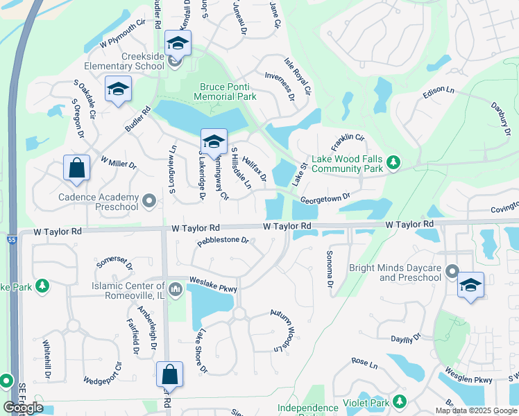 map of restaurants, bars, coffee shops, grocery stores, and more near 14233 South Hillsdale Court in Plainfield