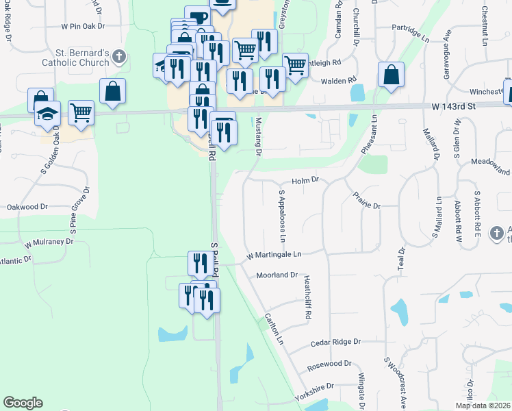 map of restaurants, bars, coffee shops, grocery stores, and more near 14524 South Stirrup Court in Homer Glen