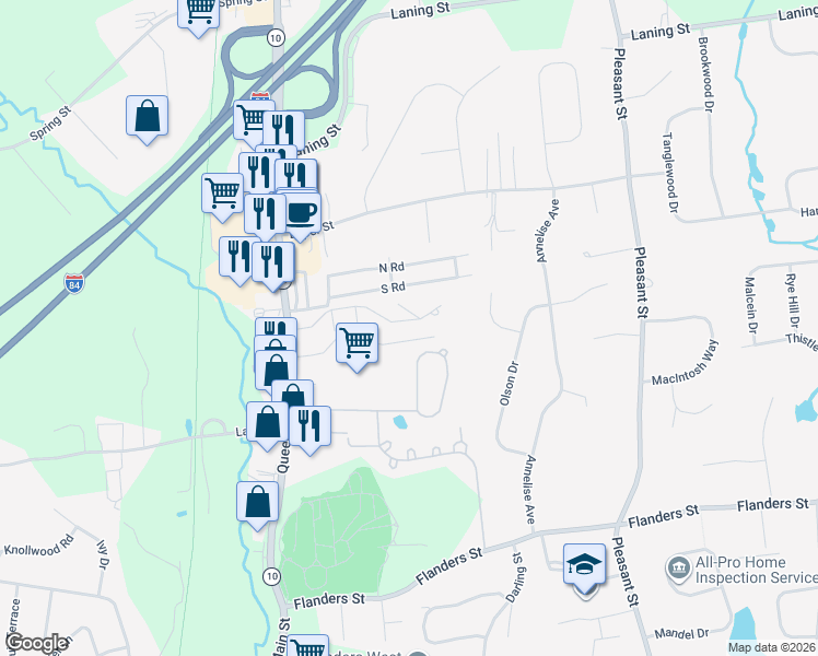 map of restaurants, bars, coffee shops, grocery stores, and more near 53 North Road in Southington
