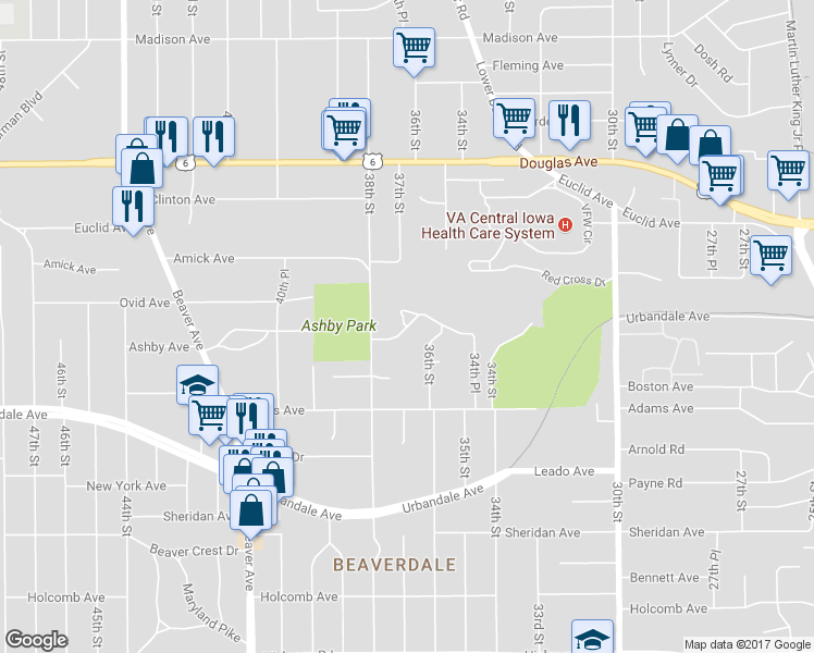 map of restaurants, bars, coffee shops, grocery stores, and more near 3624 Ashby Avenue in Des Moines