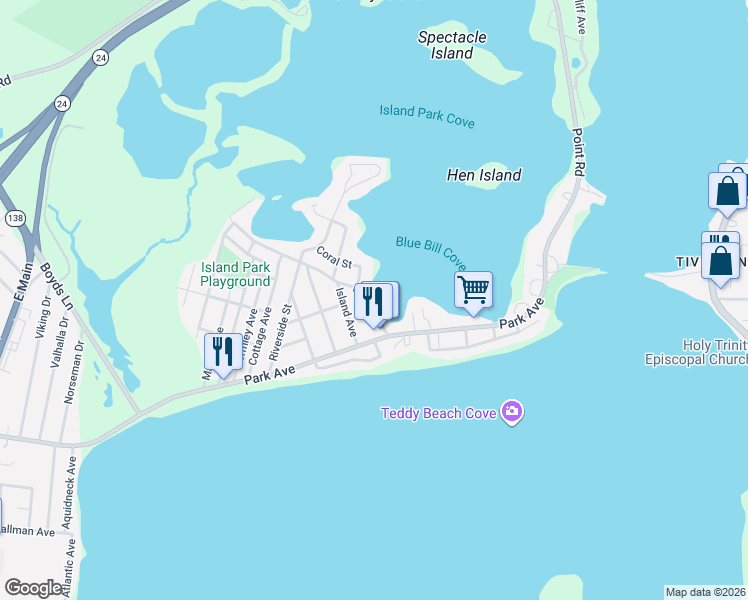 map of restaurants, bars, coffee shops, grocery stores, and more near 51 Cedar Avenue in Portsmouth