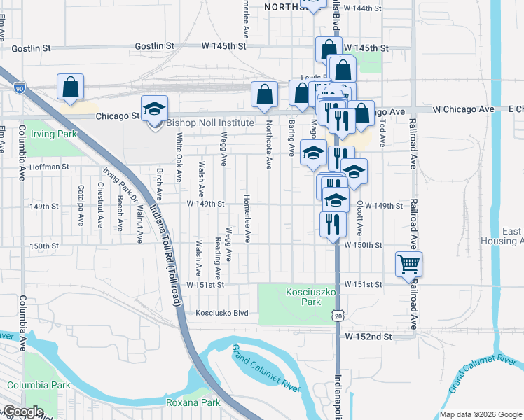 map of restaurants, bars, coffee shops, grocery stores, and more near 4859 Homerlee Avenue in East Chicago