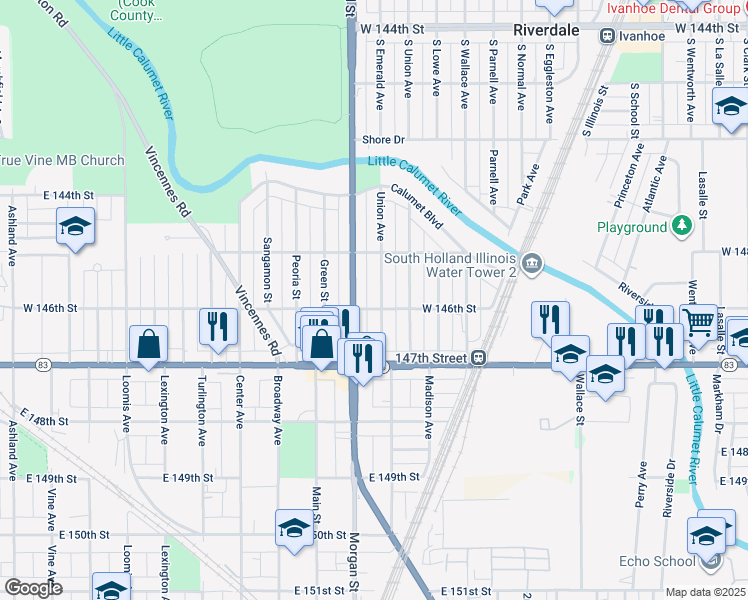 map of restaurants, bars, coffee shops, grocery stores, and more near 14530 Halsted Street in Harvey