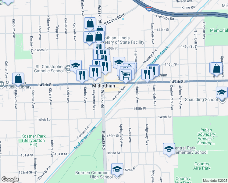 map of restaurants, bars, coffee shops, grocery stores, and more near 3906 147th Street in Midlothian