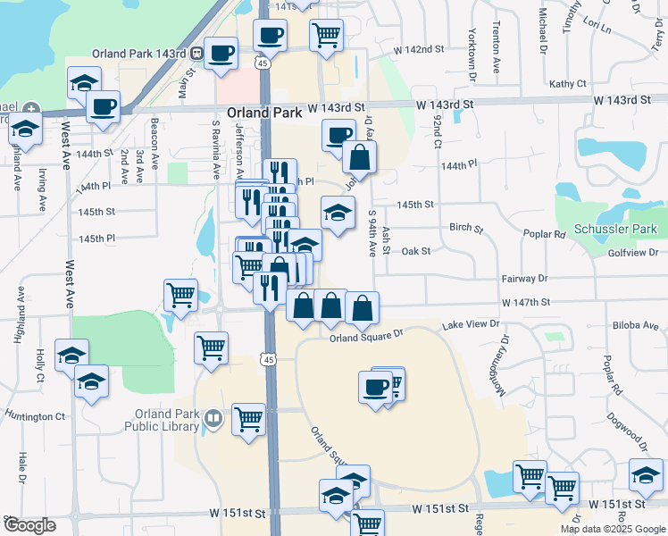 map of restaurants, bars, coffee shops, grocery stores, and more near 14601 John Humphrey Drive in Orland Park