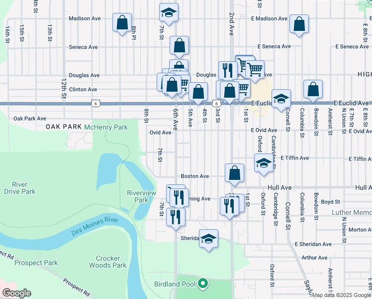 map of restaurants, bars, coffee shops, grocery stores, and more near 3222 5th Avenue in Des Moines