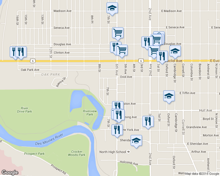 map of restaurants, bars, coffee shops, grocery stores, and more near 3215 7th Street in Des Moines