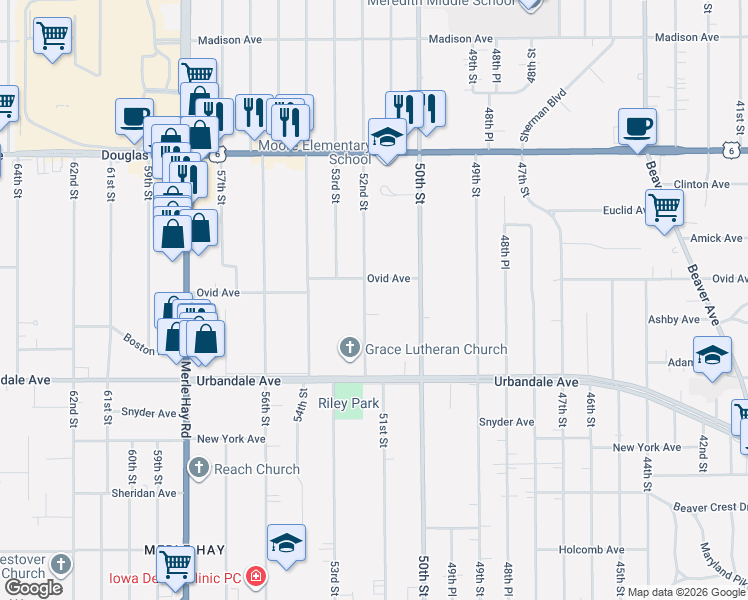 map of restaurants, bars, coffee shops, grocery stores, and more near 3305 52nd Street in Des Moines