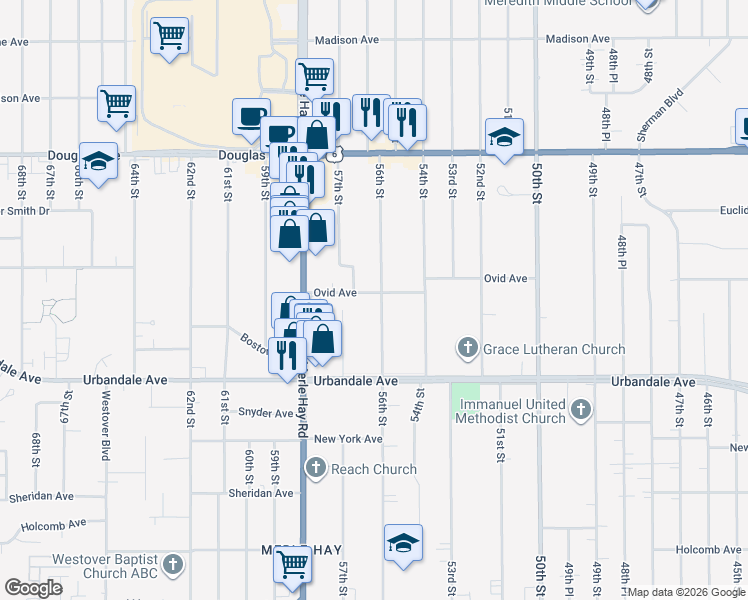 map of restaurants, bars, coffee shops, grocery stores, and more near 3300 56th Street in Des Moines