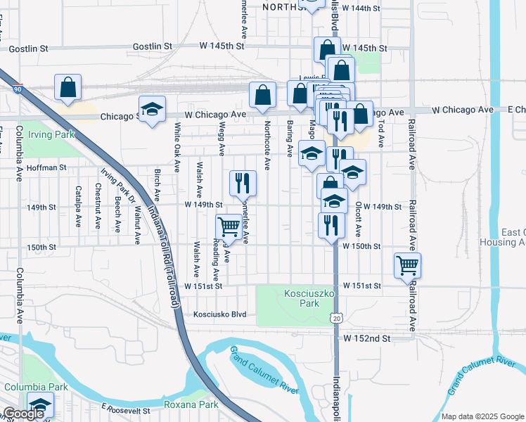 map of restaurants, bars, coffee shops, grocery stores, and more near 4906 Northcote Avenue in East Chicago