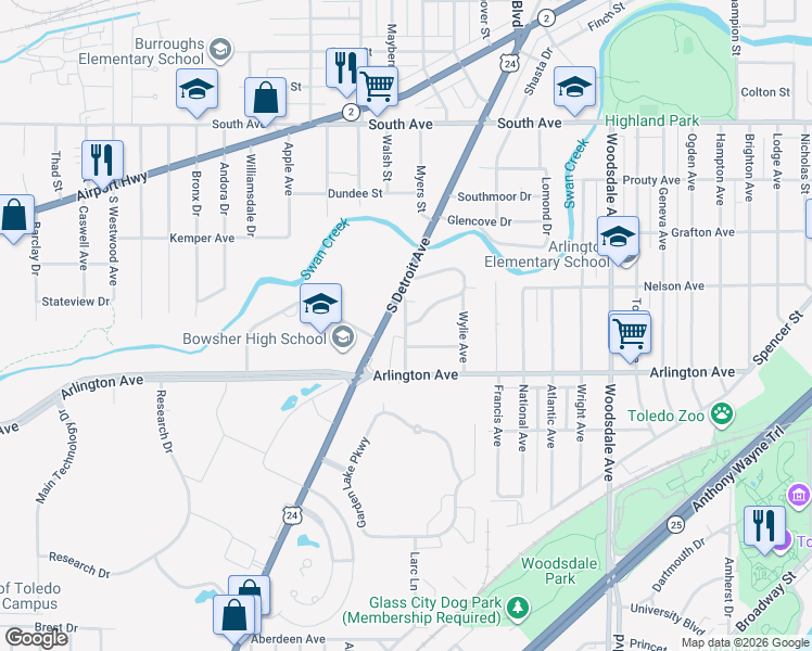 map of restaurants, bars, coffee shops, grocery stores, and more near 837 Toledo Avenue in Toledo