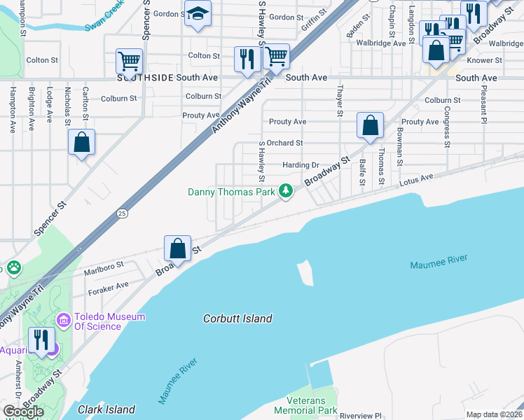map of restaurants, bars, coffee shops, grocery stores, and more near 2199 Broadway St in Toledo
