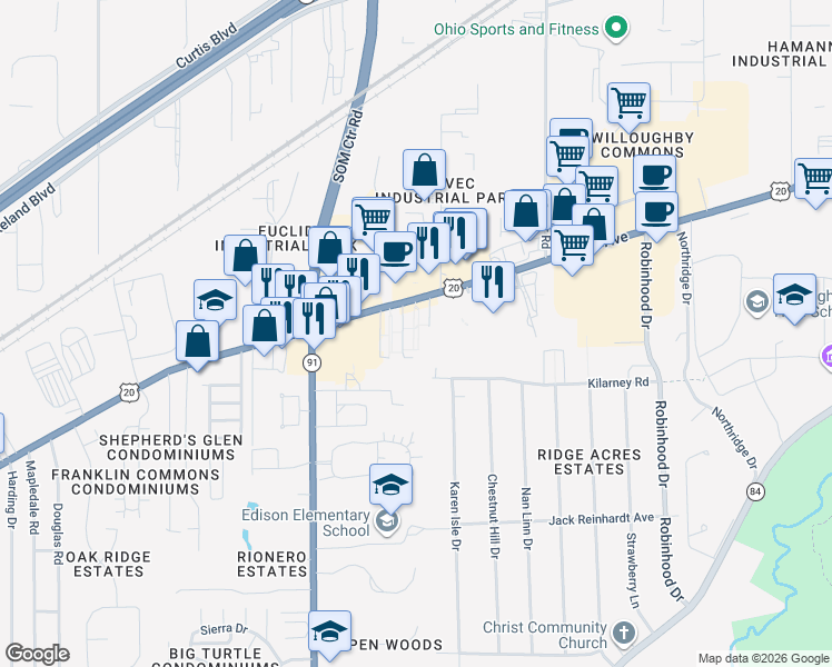 map of restaurants, bars, coffee shops, grocery stores, and more near 35400 Euclid Avenue in Willoughby