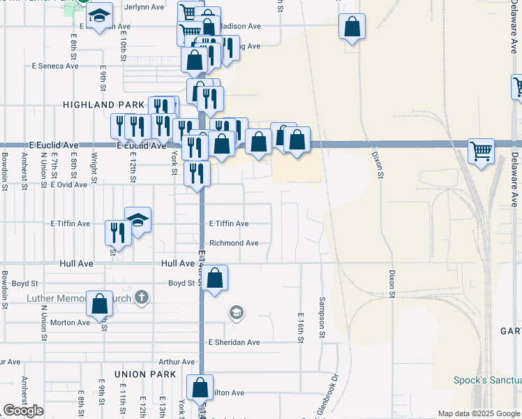 map of restaurants, bars, coffee shops, grocery stores, and more near 1517 Henderson Avenue in Des Moines