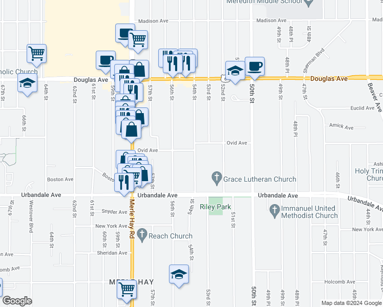 map of restaurants, bars, coffee shops, grocery stores, and more near 3310 54th Street in Des Moines