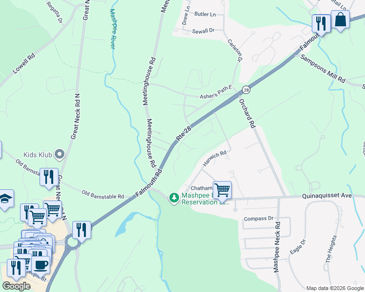 map of restaurants, bars, coffee shops, grocery stores, and more near 44 Falmouth Heights rd in Mashpee