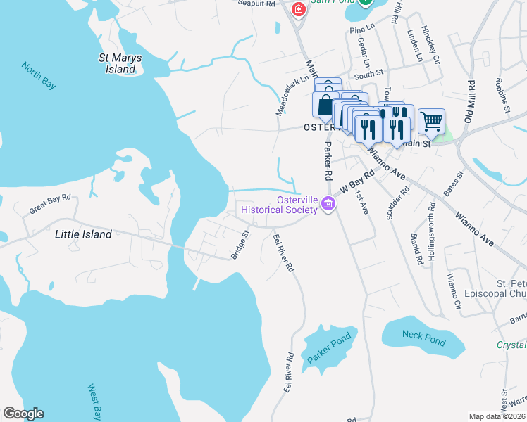 map of restaurants, bars, coffee shops, grocery stores, and more near 30 Crosby Circle in Barnstable