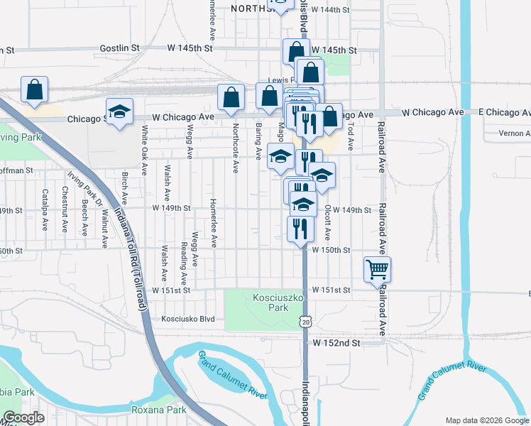 map of restaurants, bars, coffee shops, grocery stores, and more near in East Chicago