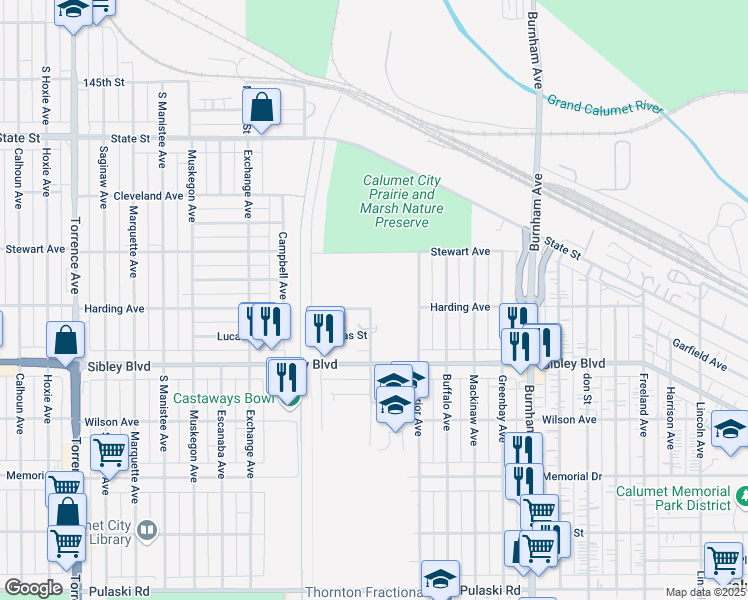 map of restaurants, bars, coffee shops, grocery stores, and more near 417 Houston Avenue in Calumet City