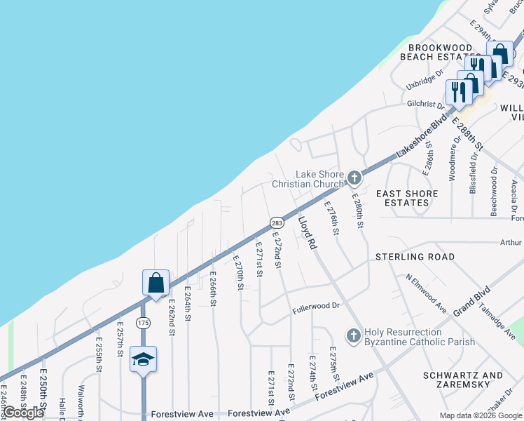 map of restaurants, bars, coffee shops, grocery stores, and more near 115 East 270th Street in Euclid