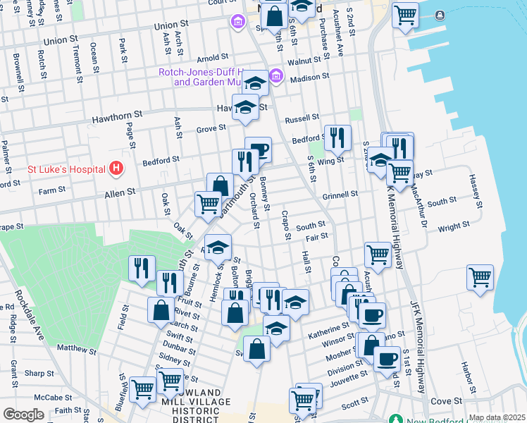 map of restaurants, bars, coffee shops, grocery stores, and more near 180 Grinnell Street in New Bedford