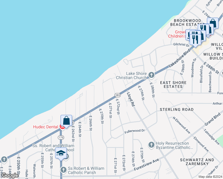 map of restaurants, bars, coffee shops, grocery stores, and more near 115 East 270th Street in Euclid