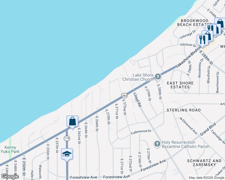 map of restaurants, bars, coffee shops, grocery stores, and more near 115 East 270th Street in Euclid