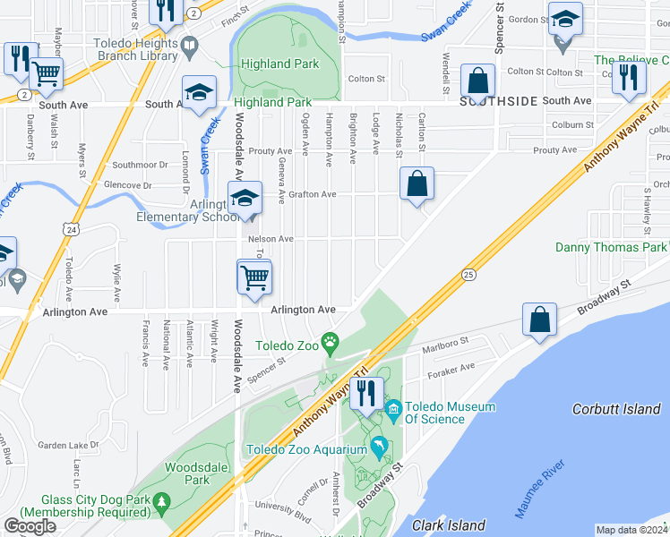 map of restaurants, bars, coffee shops, grocery stores, and more near 830 Hampton Avenue in Toledo