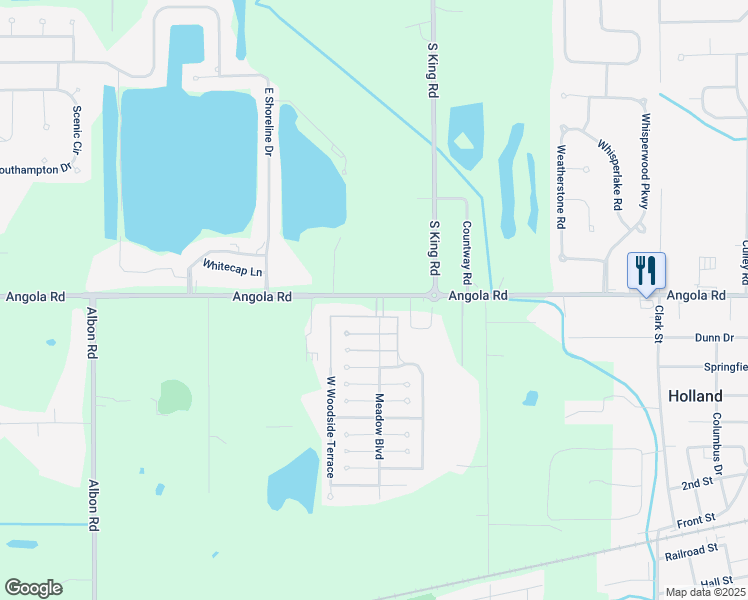 map of restaurants, bars, coffee shops, grocery stores, and more near 7724 Angola Road in Holland