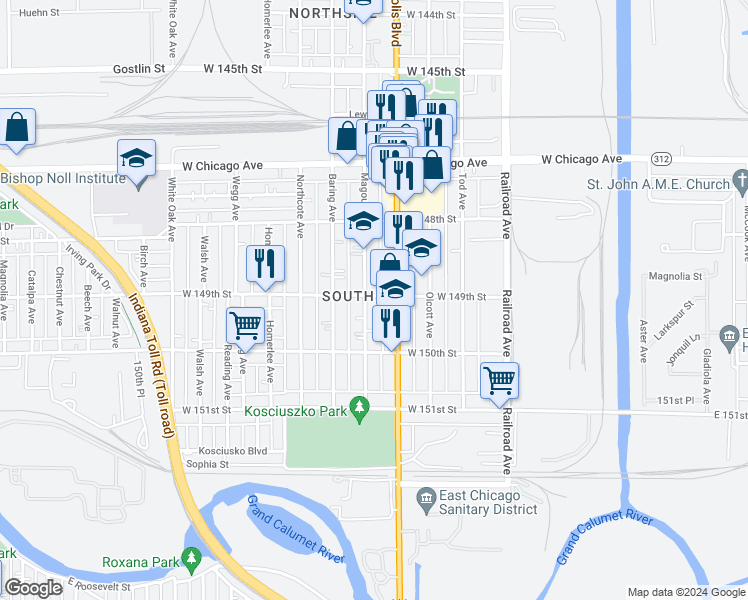 map of restaurants, bars, coffee shops, grocery stores, and more near 4863 Magoun Avenue in East Chicago