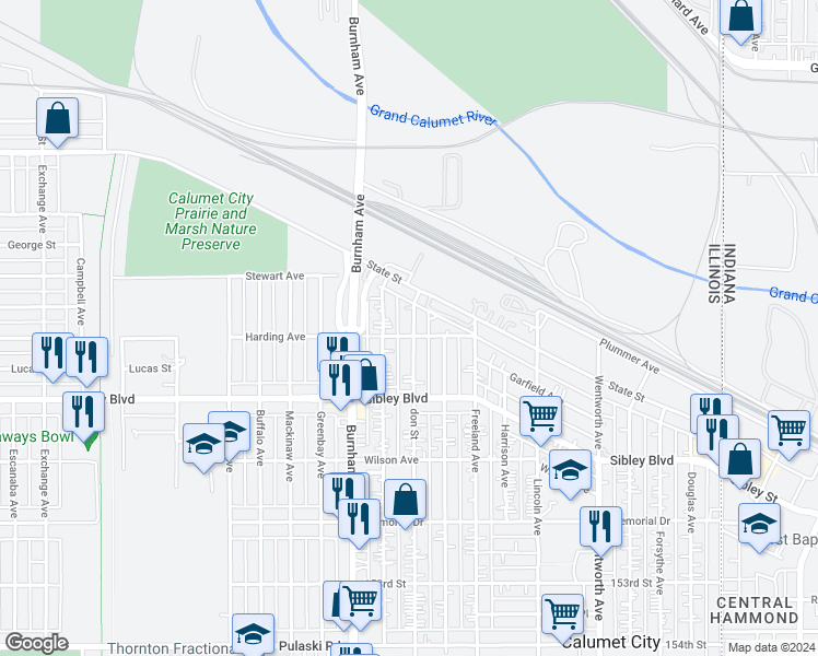 map of restaurants, bars, coffee shops, grocery stores, and more near 413 Price Avenue in Calumet City