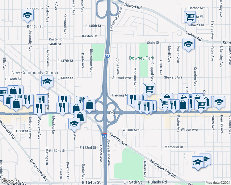 map of restaurants, bars, coffee shops, grocery stores, and more near 406 Cornell Avenue in Calumet City