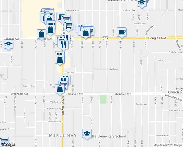 map of restaurants, bars, coffee shops, grocery stores, and more near 5411 Ovid Avenue in Des Moines
