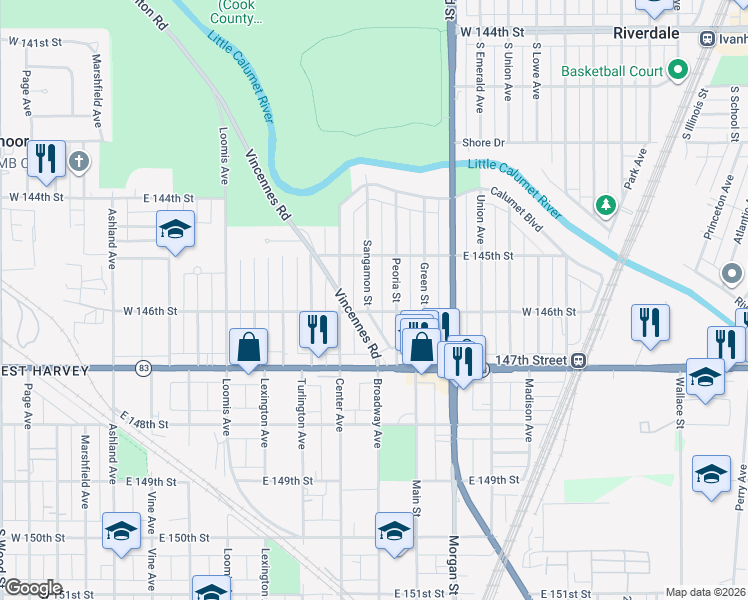 map of restaurants, bars, coffee shops, grocery stores, and more near 14539 Sangamon Street in Harvey