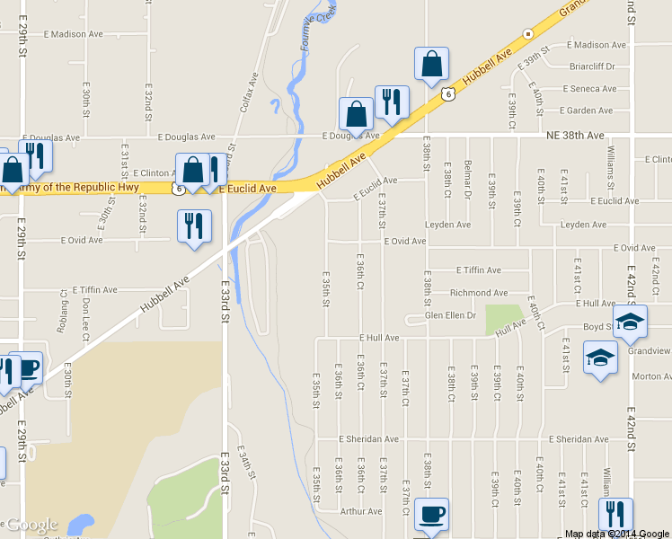 map of restaurants, bars, coffee shops, grocery stores, and more near 3217 East 35th Street in Des Moines
