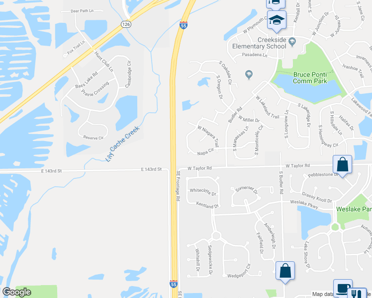 map of restaurants, bars, coffee shops, grocery stores, and more near 14212 South Napa Circle in Plainfield