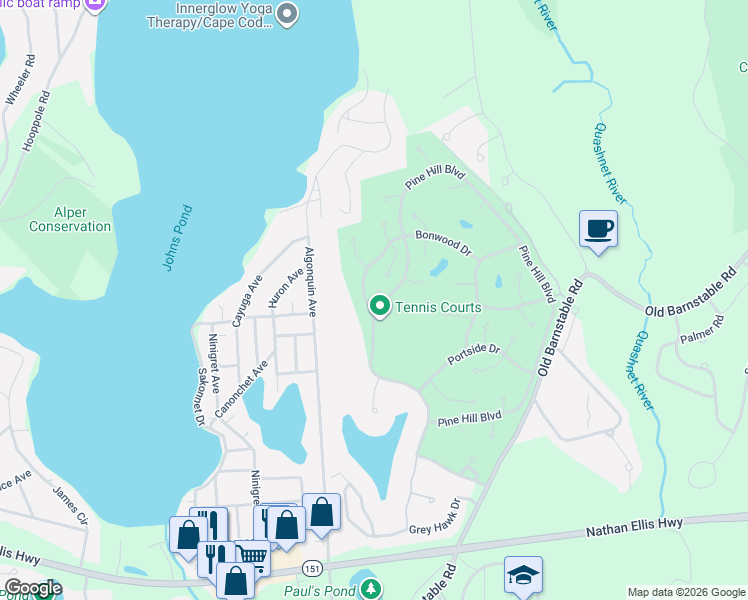 map of restaurants, bars, coffee shops, grocery stores, and more near 1 Classic Circle in Mashpee
