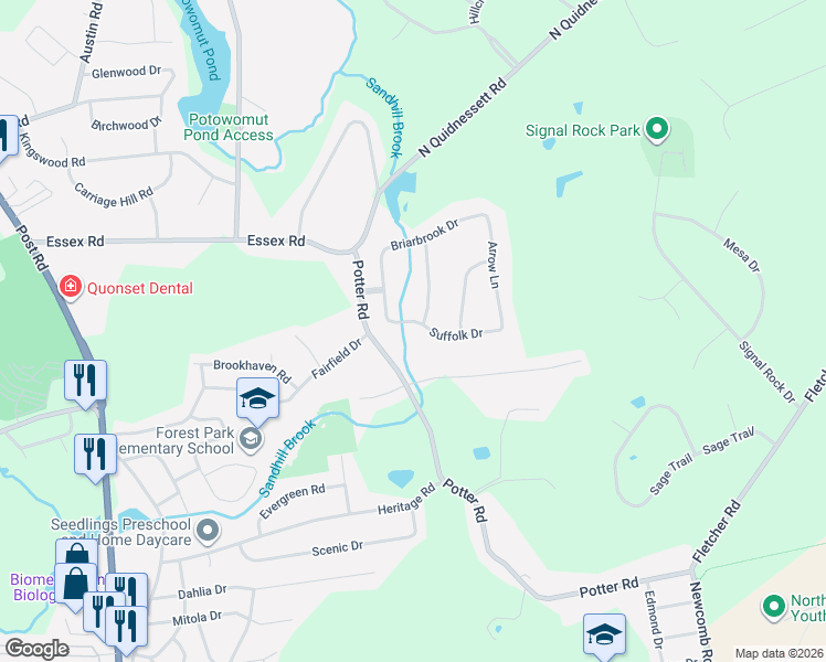 map of restaurants, bars, coffee shops, grocery stores, and more near 20 Briarbrook Drive in North Kingstown