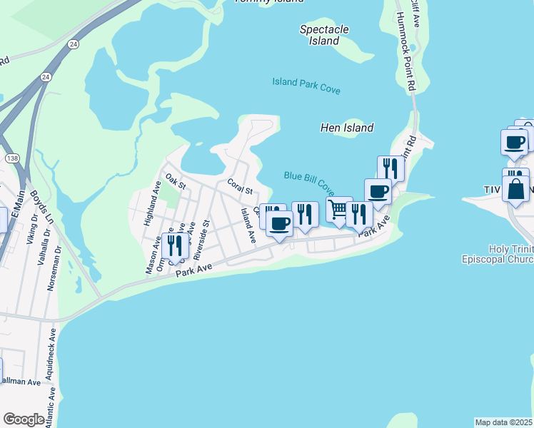 map of restaurants, bars, coffee shops, grocery stores, and more near 51 Cedar Avenue in Portsmouth