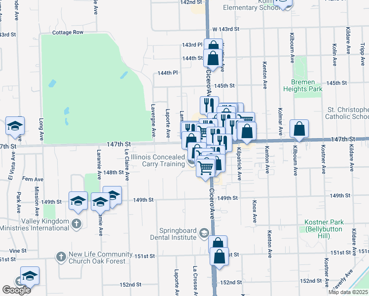 map of restaurants, bars, coffee shops, grocery stores, and more near 4901 147th Street in Midlothian