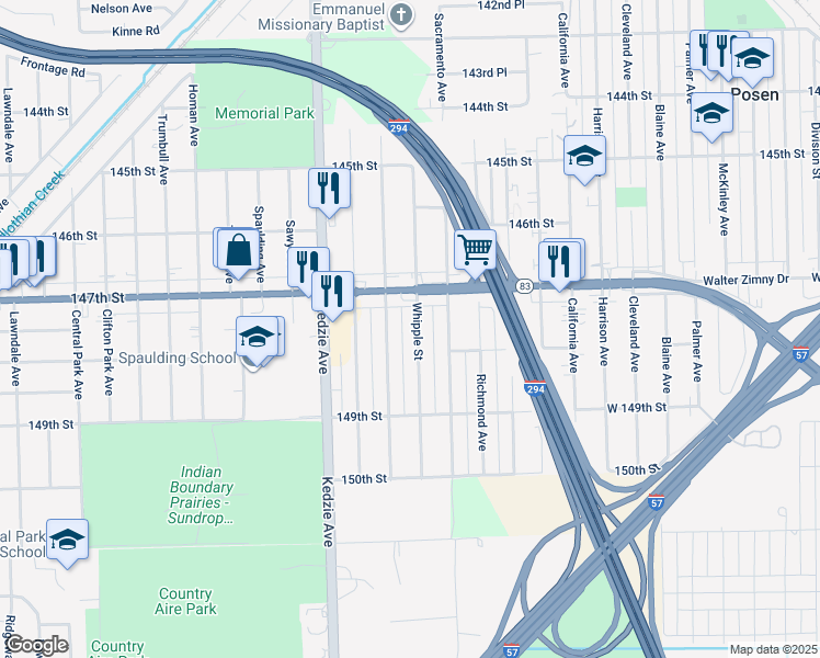 map of restaurants, bars, coffee shops, grocery stores, and more near 14732 Whipple Street in Posen