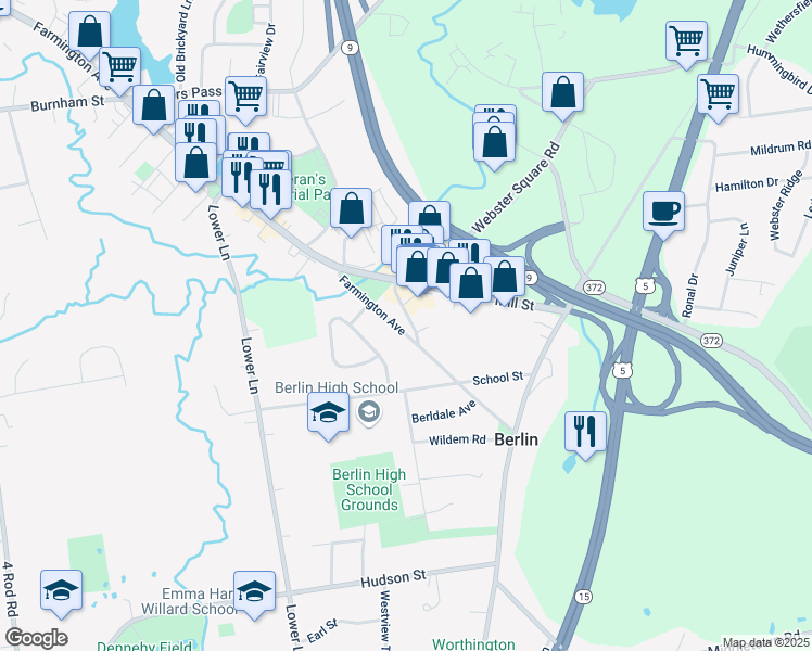 map of restaurants, bars, coffee shops, grocery stores, and more near 1401 Farmington Ave in Berlin