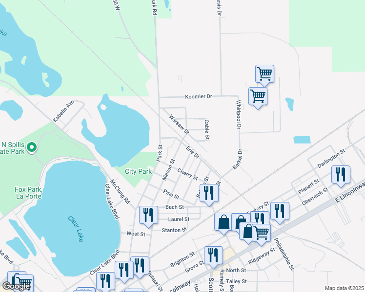 map of restaurants, bars, coffee shops, grocery stores, and more near 539 Niesen Street in La Porte
